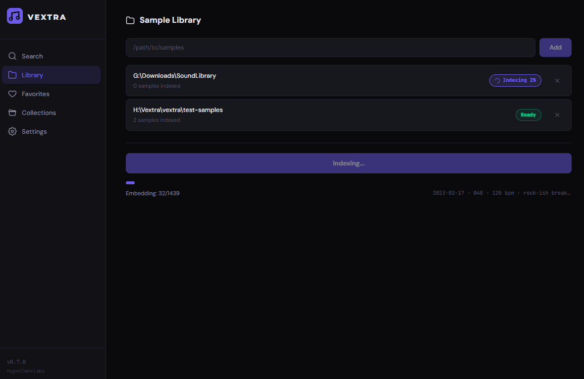 Library manager showing indexed folders and indexing progress