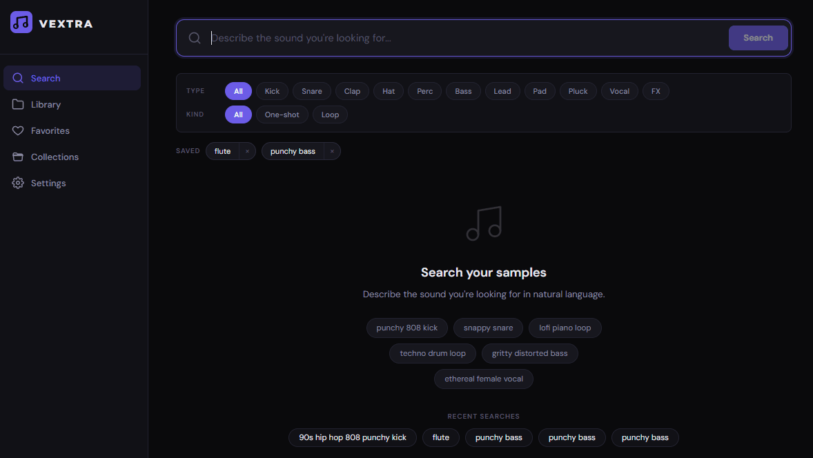 Vextra search empty state with suggested queries
