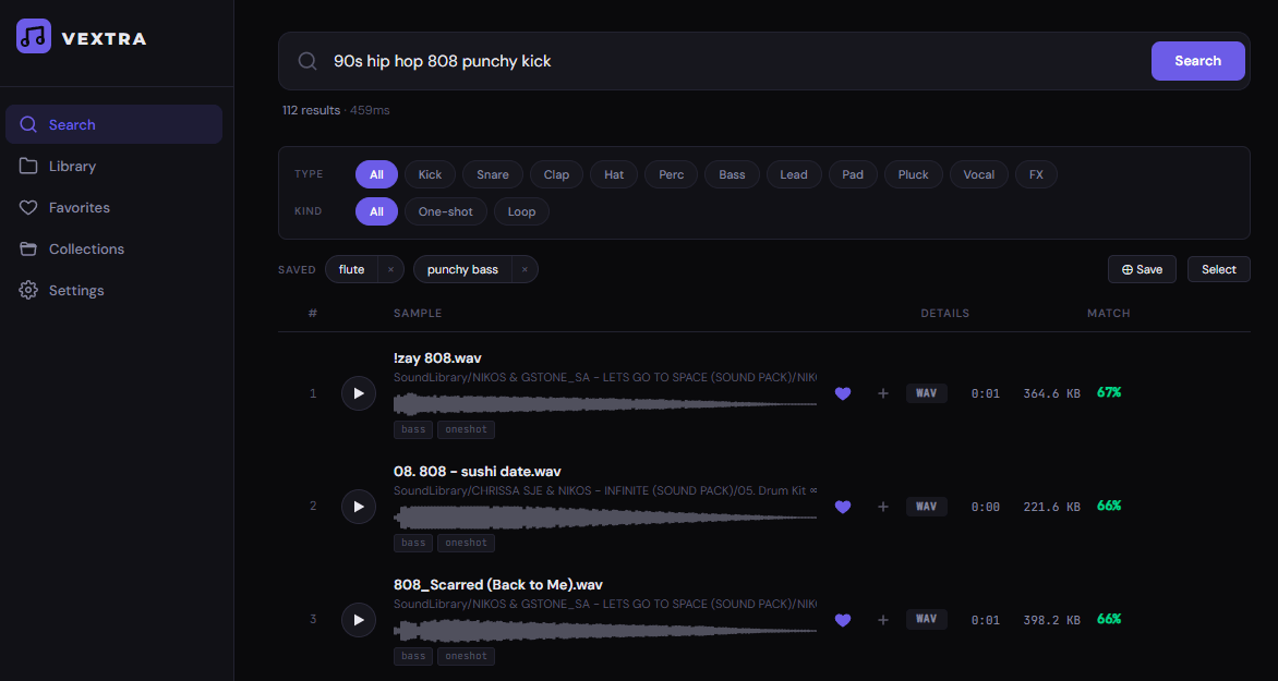 Vextra semantic search results for '90s hip hop 808 punchy kick'